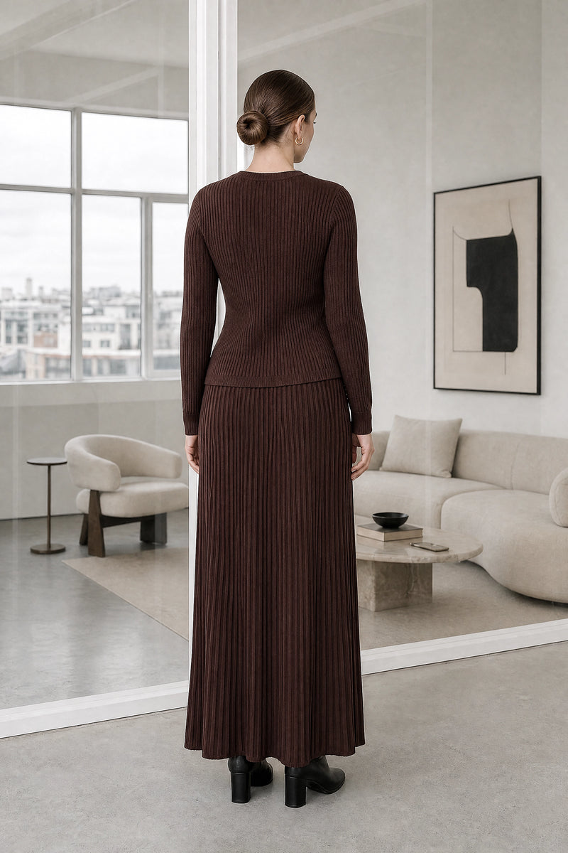 Noelle | Pleated Sweater Set in Brown, studio back view
