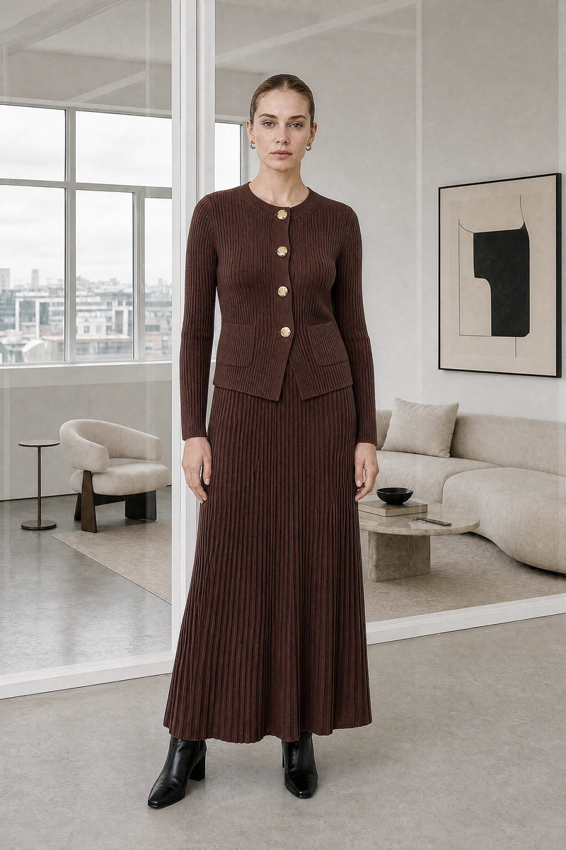 Noelle | Pleated Sweater Set in Brown, studio front view