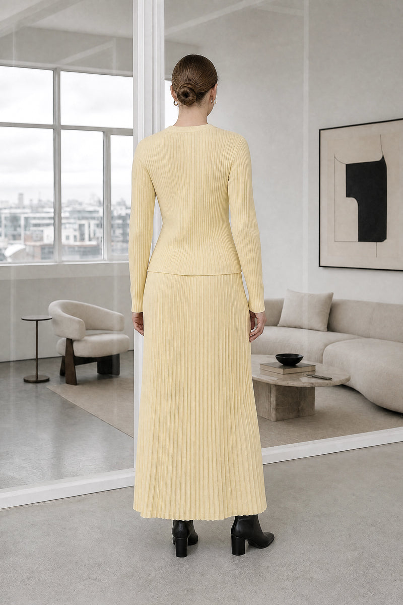 Noelle | Pleated Sweater Set in Yellow, studio back view