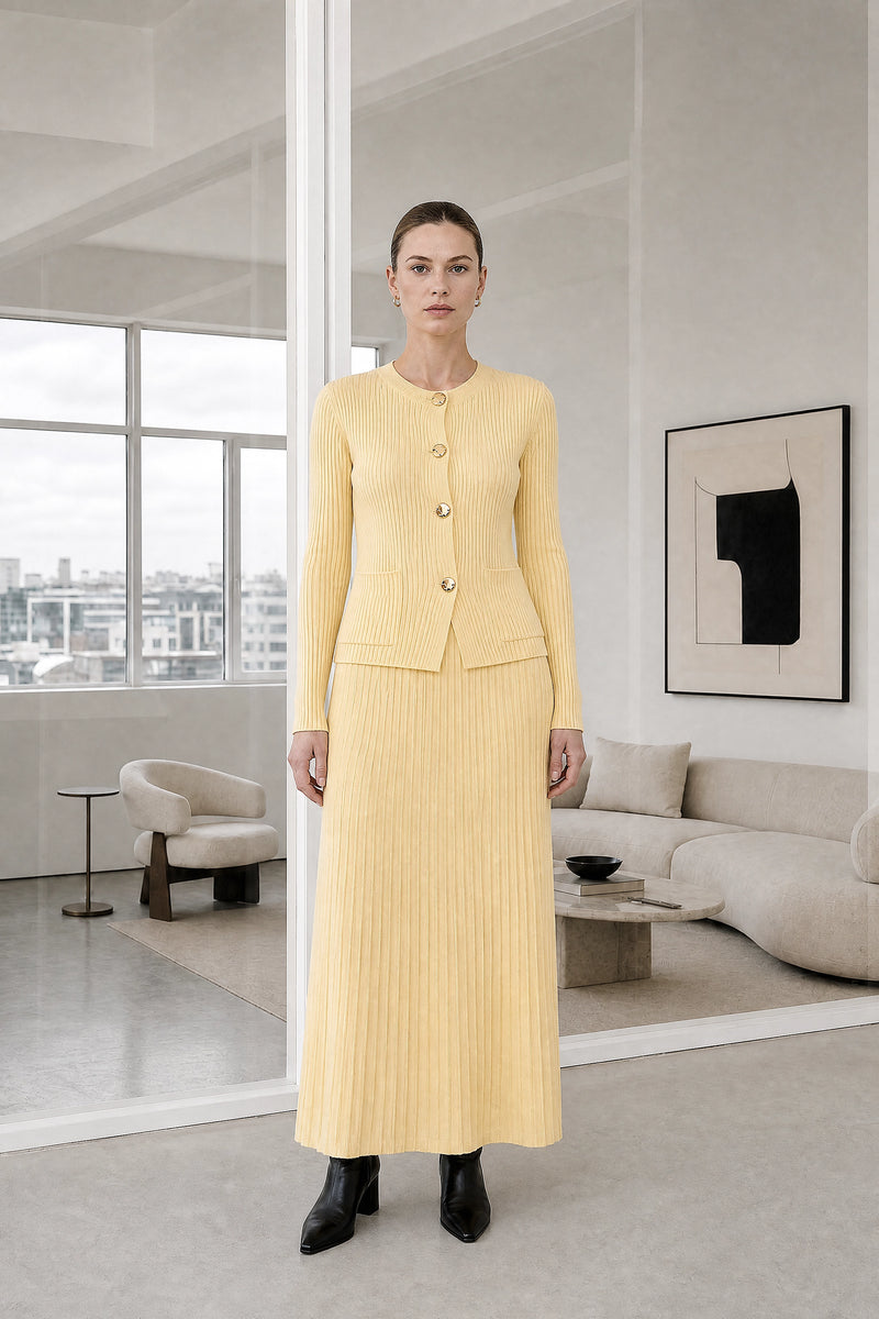 Noelle | Pleated Sweater Set in Yellow, studio front view
