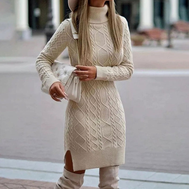 Cable Knit Turtleneck Sweater Dress for Women with Side Slit in Beige, front view