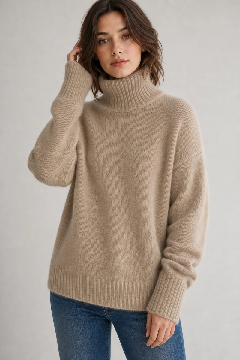 Sofaine Nora women's oversized cashmere turtleneck sweater in Khaki, worn front