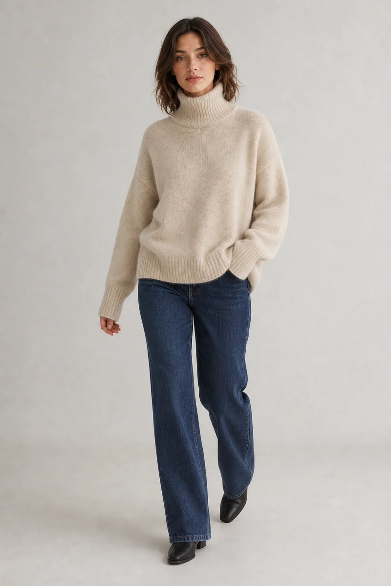 Sofaine Nora women's oversized cashmere turtleneck sweater in Beige, styled full look