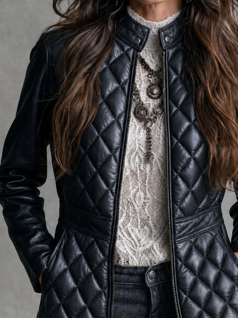 Quilted Faux Leather Coat for Women with Stand Collar and Zip Front in Black, collar close-up