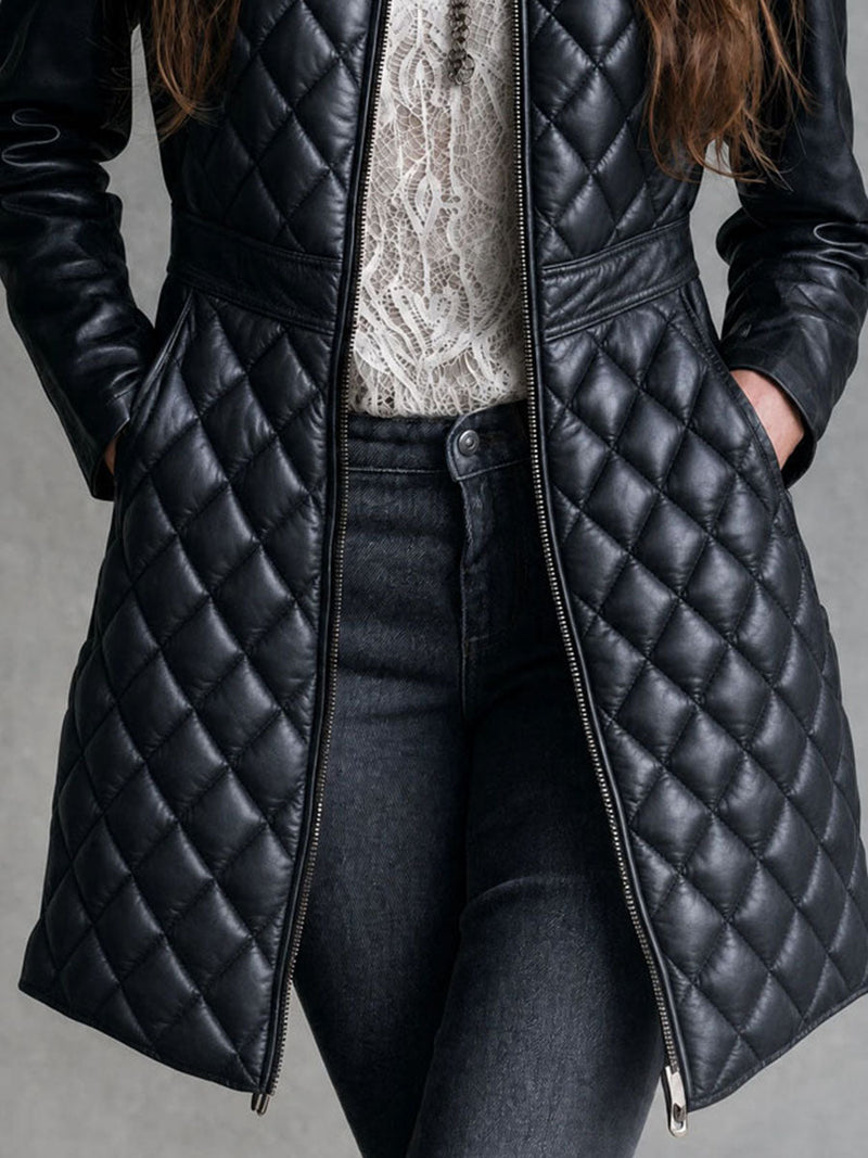 Quilted Faux Leather Coat for Women with Stand Collar and Zip Front in Black, pocket detail