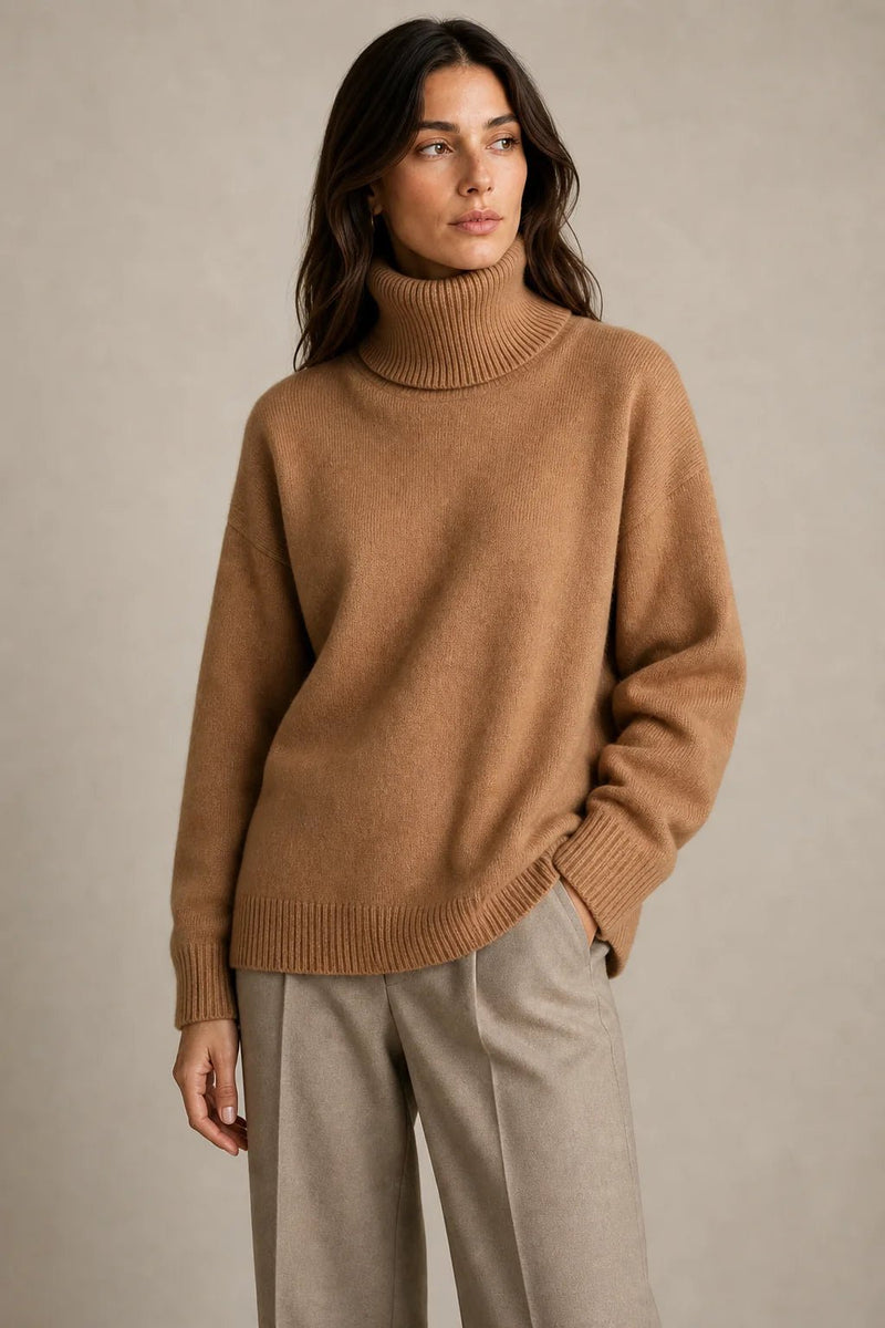 Sofaine Nova oversized knit turtleneck sweater in camel, worn front view