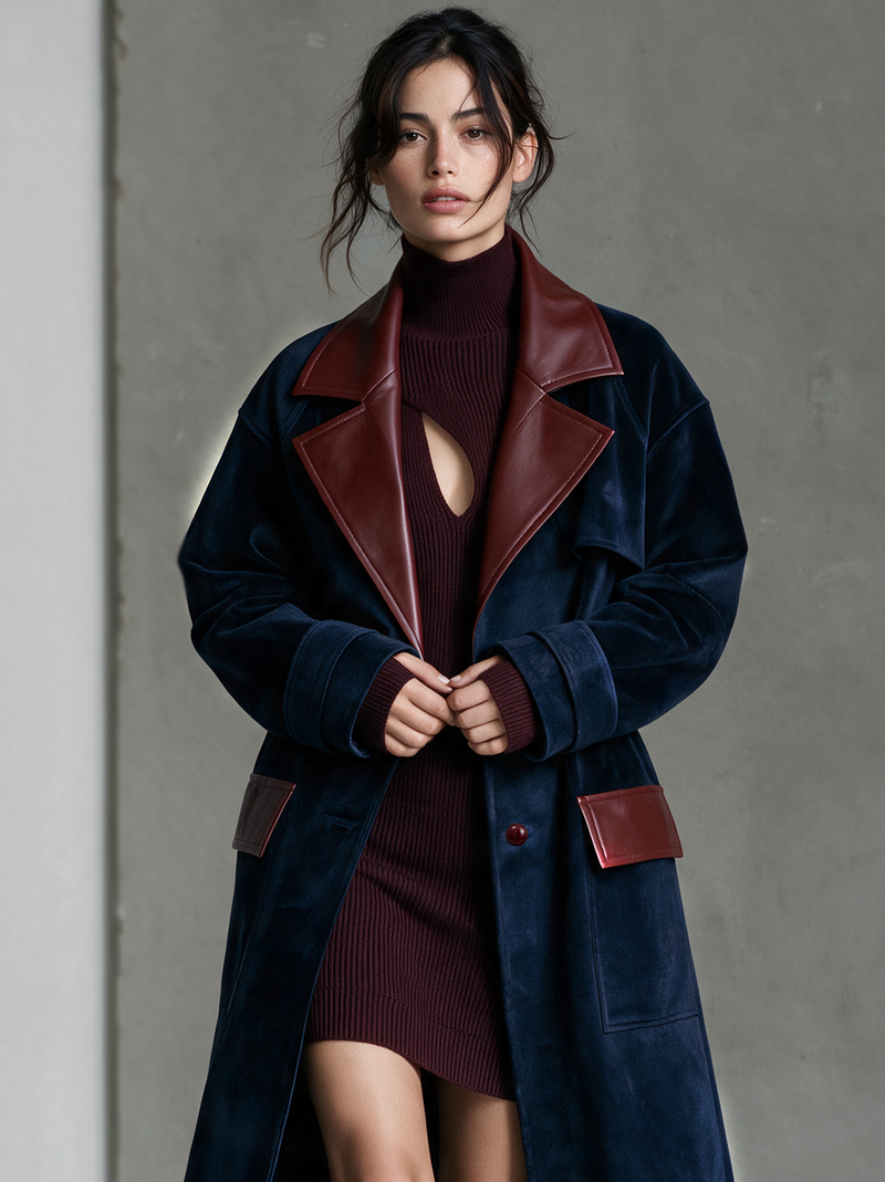 Long Velvet Coat for Women with Faux Leather Lapels and Button Front in Navy, front close-up