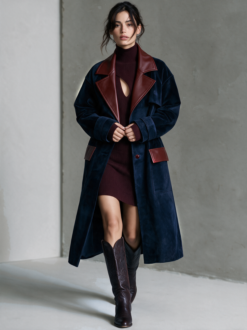 Long Velvet Coat for Women with Faux Leather Lapels and Button Front in Navy, full length view