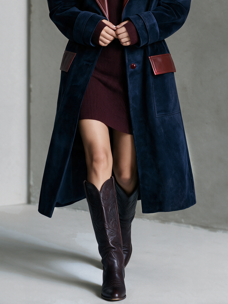 Long Velvet Coat for Women with Faux Leather Lapels and Button Front in Navy, pocket detail