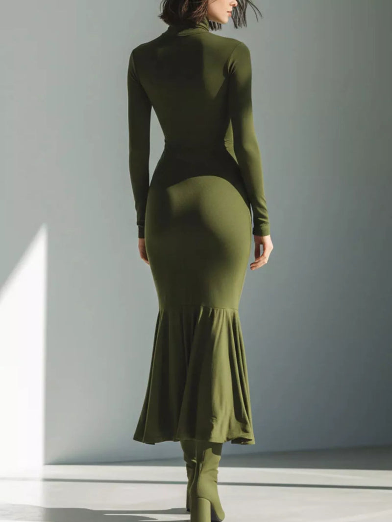 Ruched Turtleneck Maxi Dress for Women with Mermaid Hem and Slit in Army Green, back view