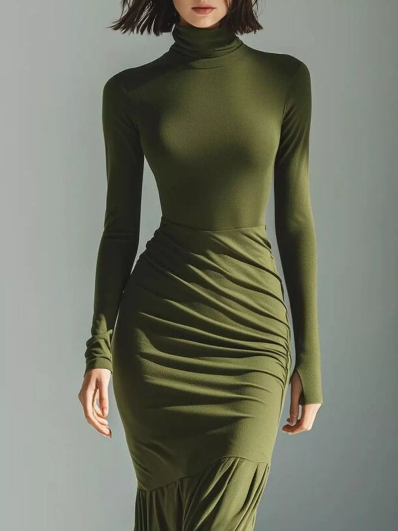 Ruched Turtleneck Maxi Dress for Women with Mermaid Hem and Slit in Army Green, close-up