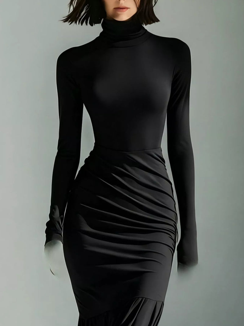 Ruched Turtleneck Maxi Dress for Women with Mermaid Hem and Slit in Black, close-up