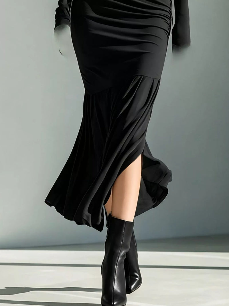 Ruched Turtleneck Maxi Dress for Women with Mermaid Hem and Slit in Black, hem detail