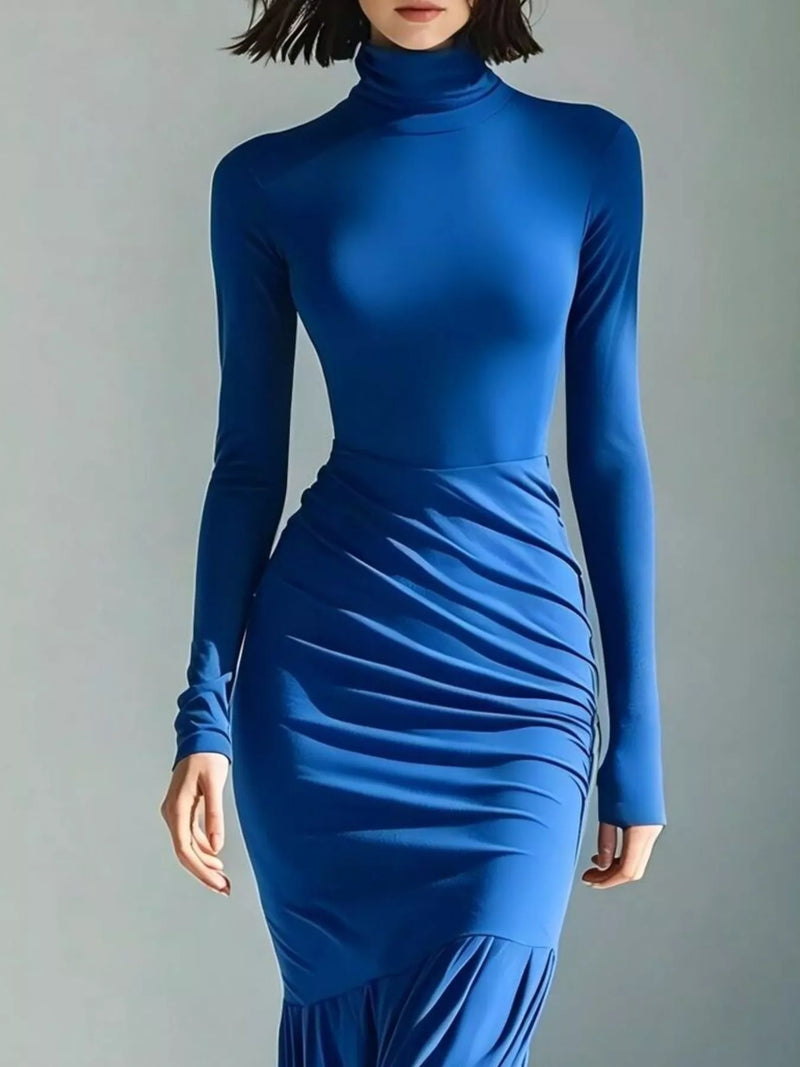 Ruched Turtleneck Maxi Dress for Women with Mermaid Hem and Slit in Blue, close-up