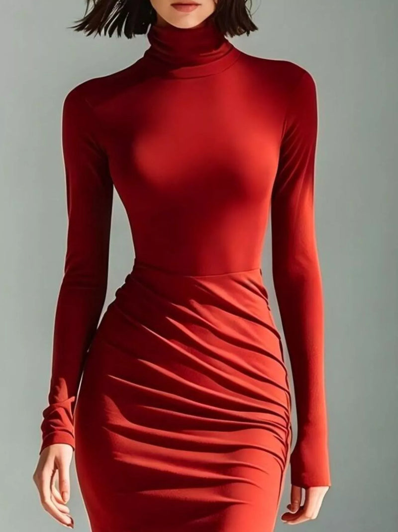 Ruched Turtleneck Maxi Dress for Women with Mermaid Hem and Slit in Red, close-up
