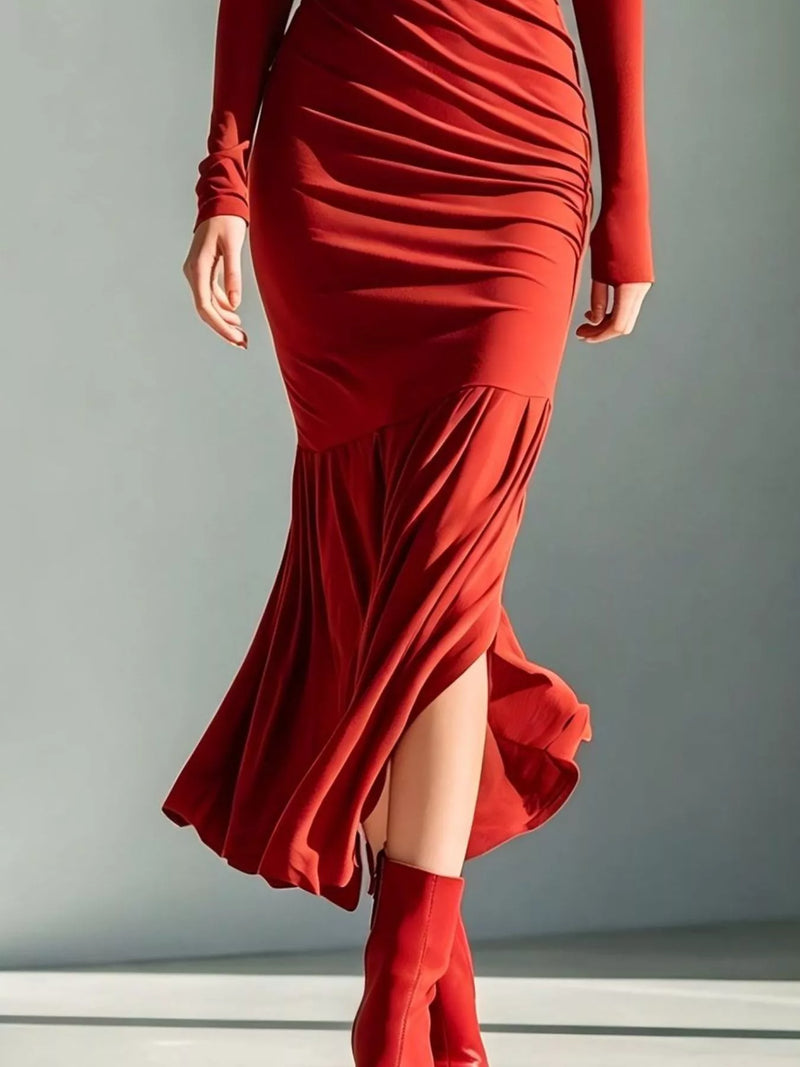Ruched Turtleneck Maxi Dress for Women with Mermaid Hem and Slit in Red, hem detail
