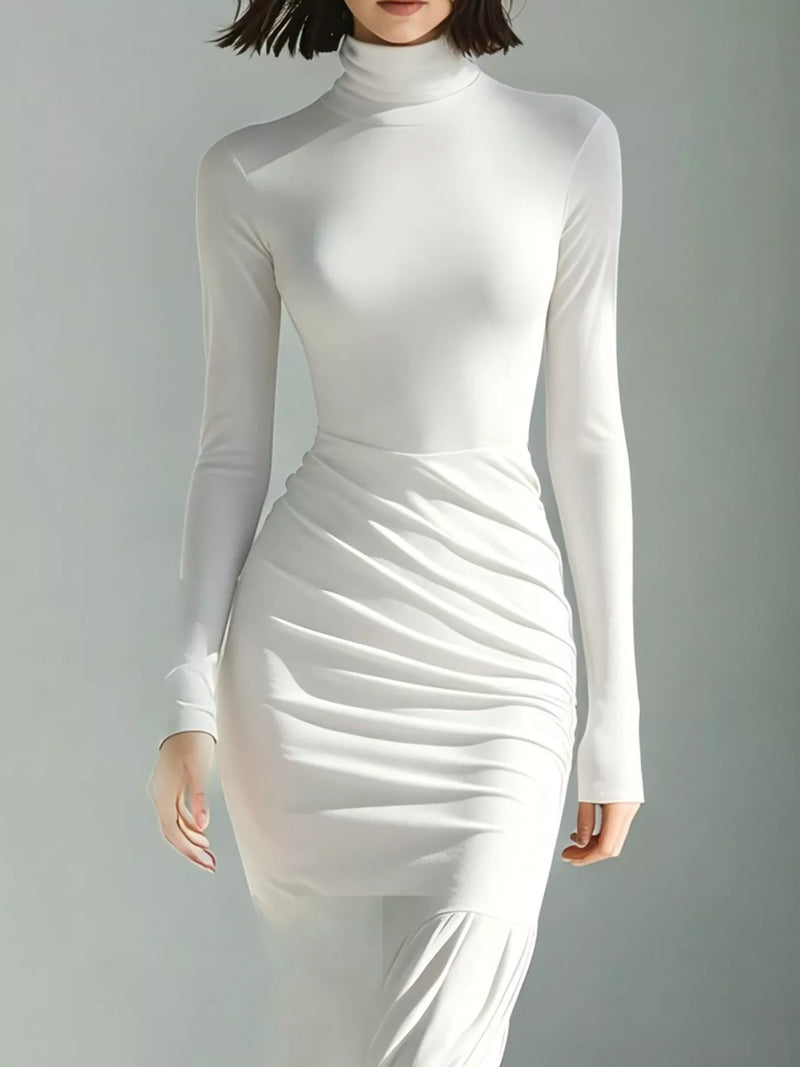 Ruched Turtleneck Maxi Dress for Women with Mermaid Hem and Slit in White, close-up