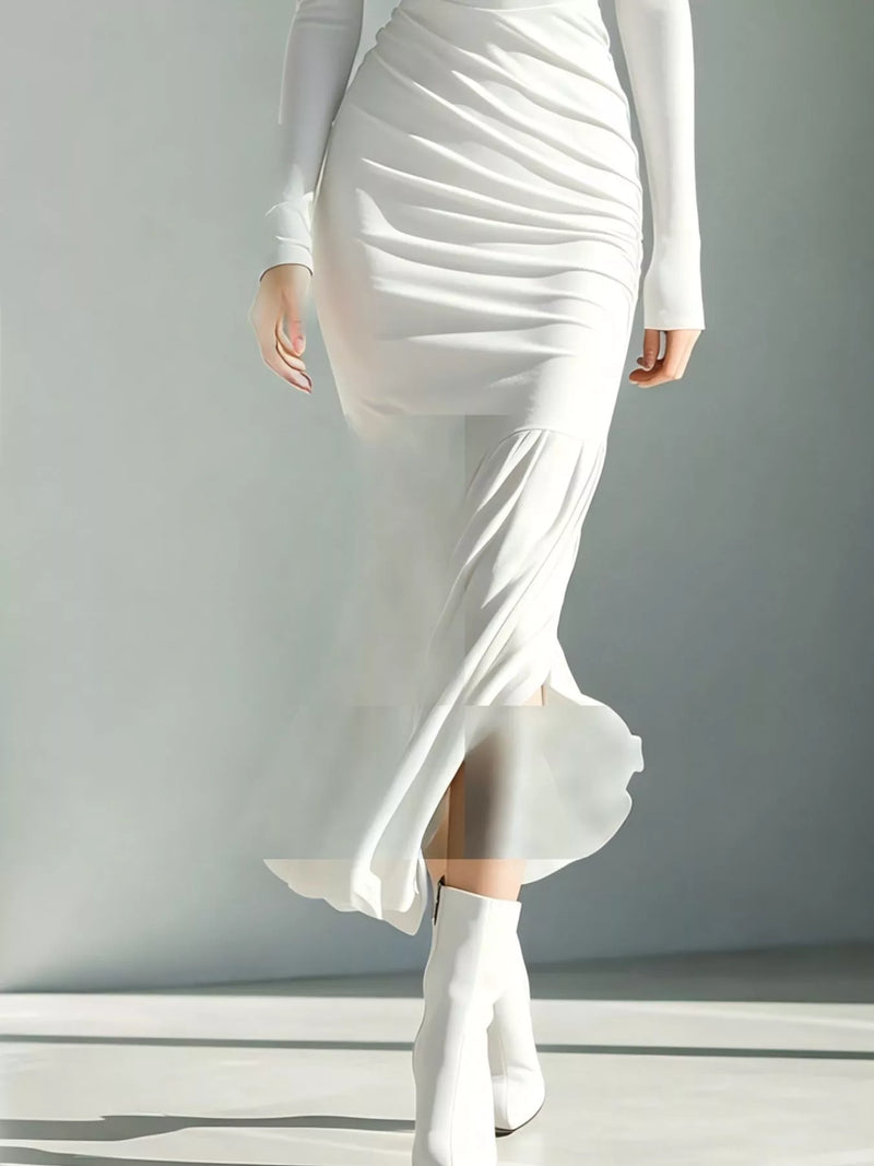 Ruched Turtleneck Maxi Dress for Women with Mermaid Hem and Slit in White, hem detail