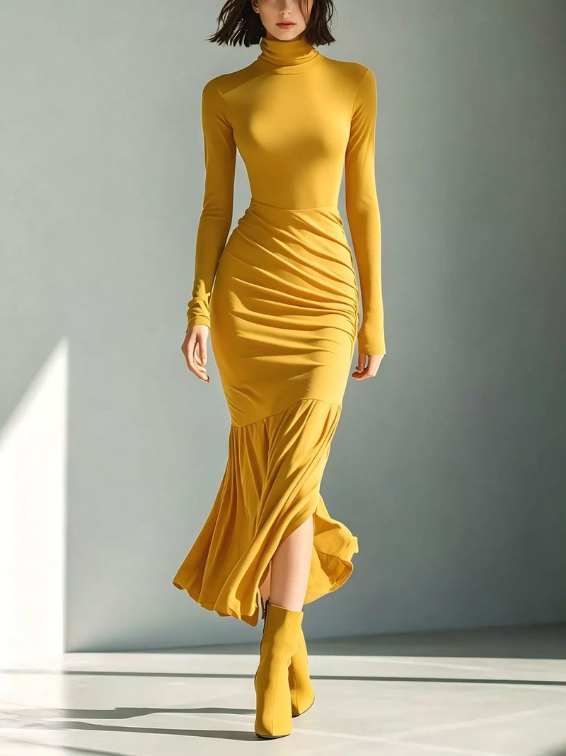 Ruched Turtleneck Maxi Dress for Women with Mermaid Hem and Slit in Yellow, front view