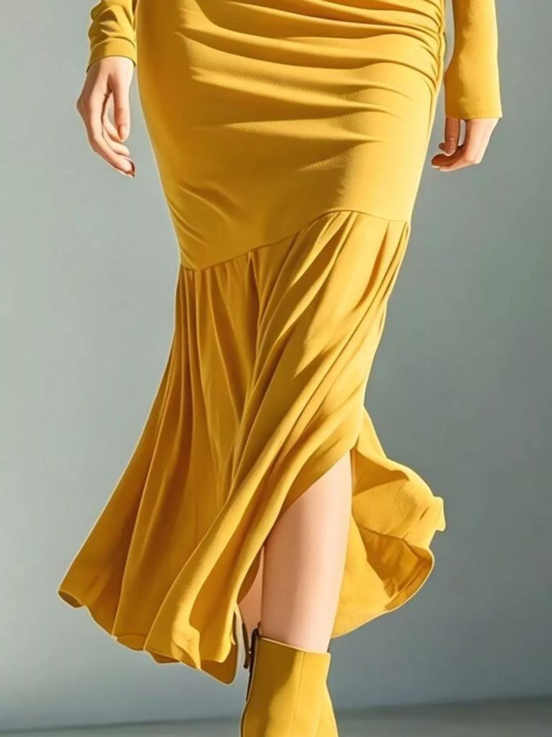 Ruched Turtleneck Maxi Dress for Women with Mermaid Hem and Slit in Yellow, hem detail