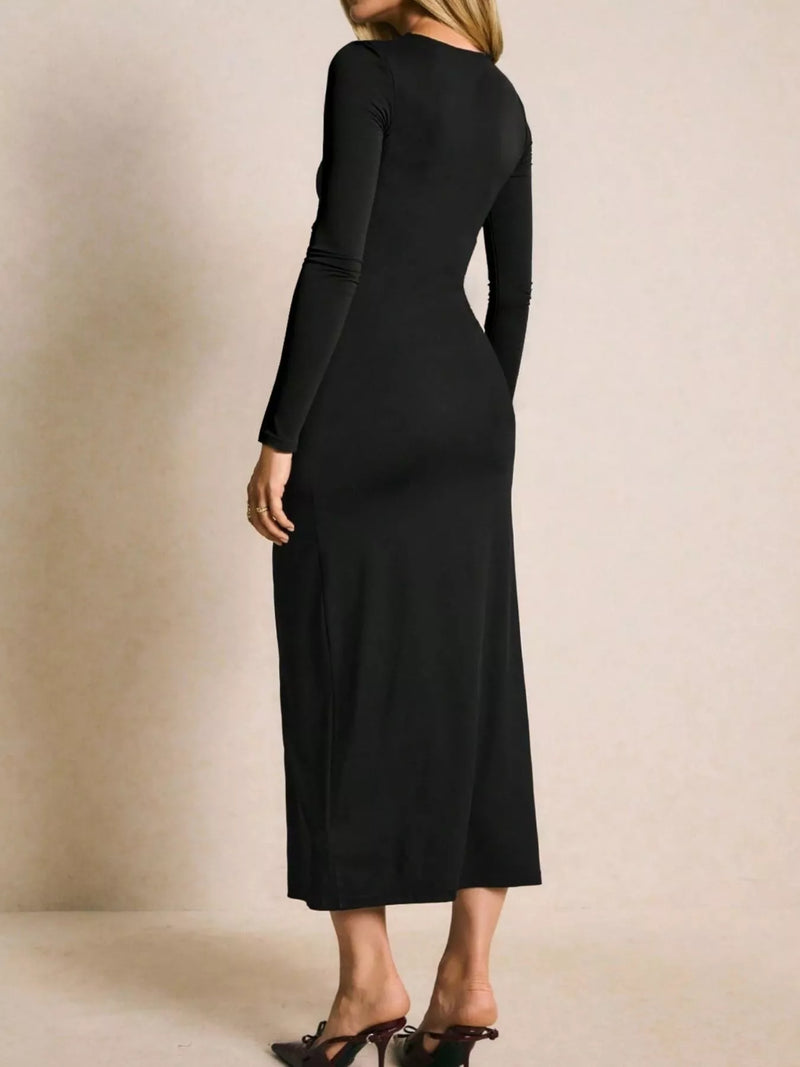 Ruched Bodycon Midi Dress for Women with Long Sleeves and Thigh Slit in Black, back view