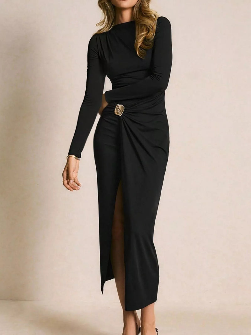 Ruched Bodycon Midi Dress for Women with Long Sleeves and Thigh Slit in Black, three-quarter view