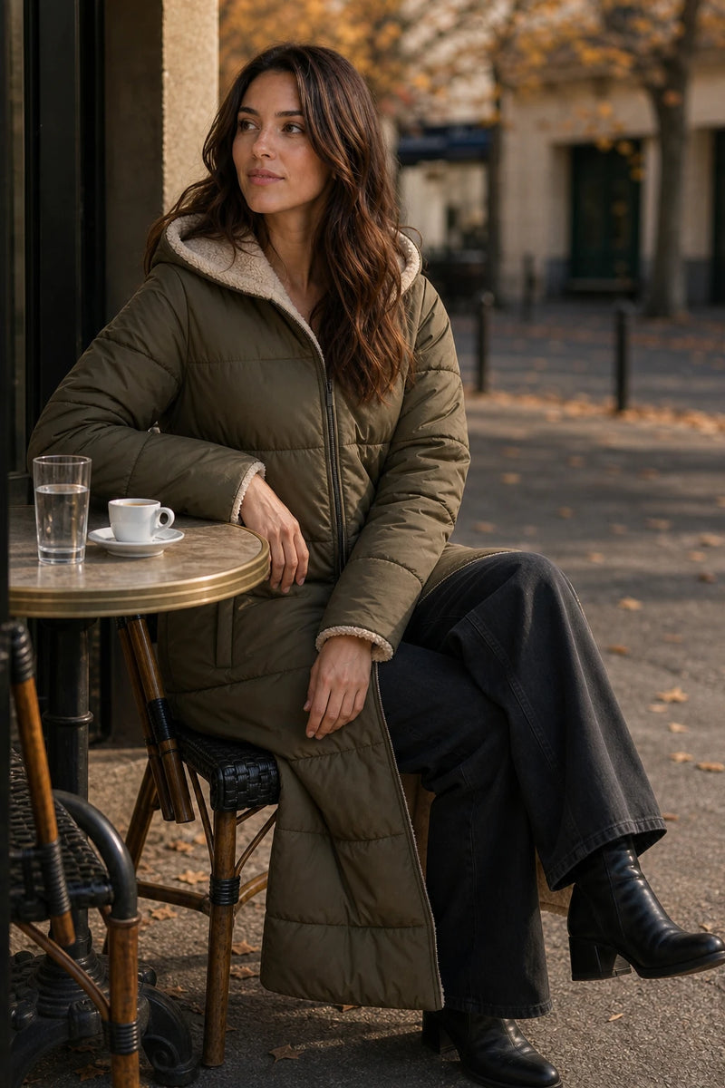 SOFAINE-V7-LIFE-Celine | Hooded Puffer Coat in Olive Green, café scene
