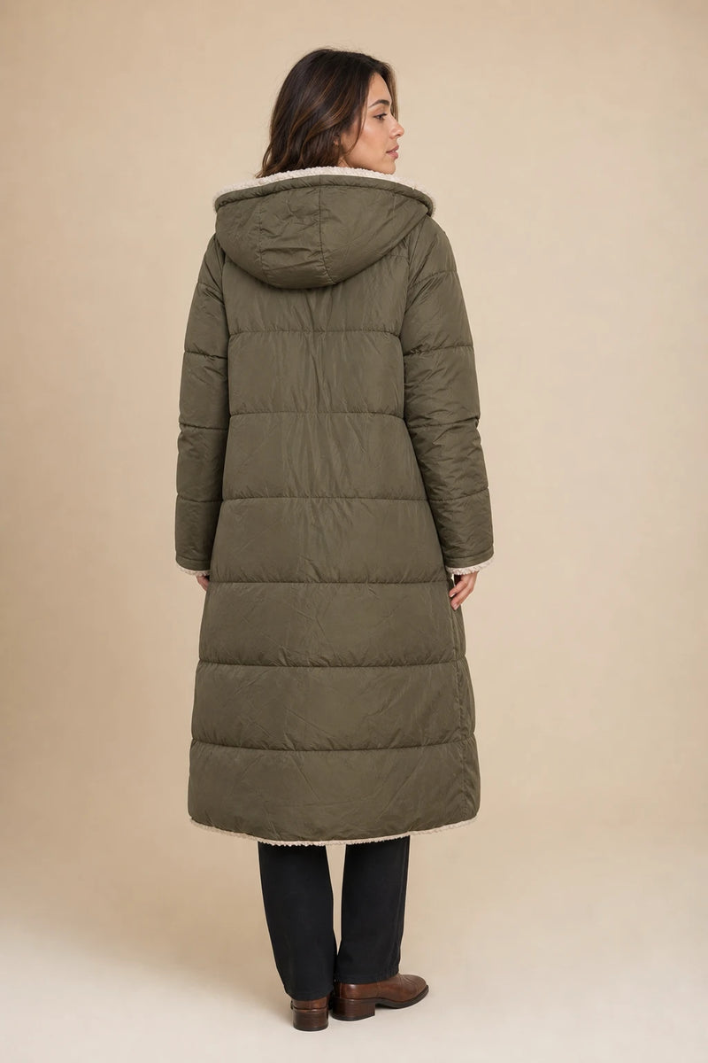 Celine | Hooded Puffer Coat in Olive Green, studio back view
