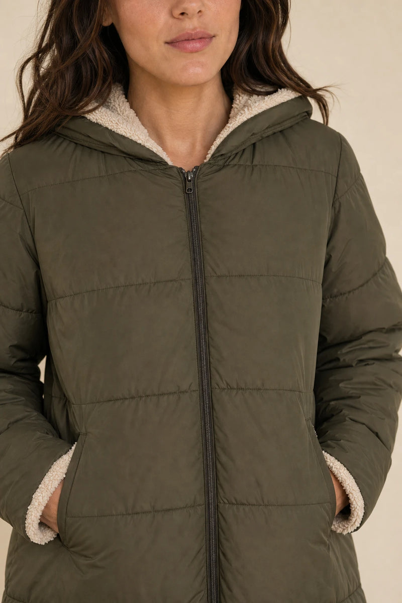 Celine | Hooded Puffer Coat in Olive Green, fabric close-up