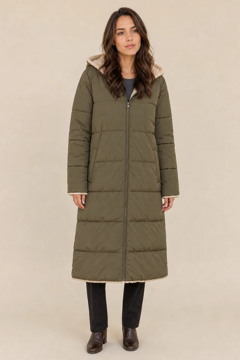 Celine | Hooded Puffer Coat in Olive Green, studio front view