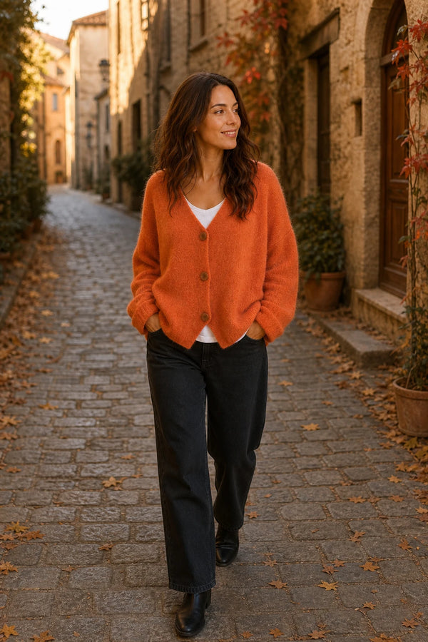 SOFAINE-V7-LIFE-Ramona | Button-Front Cardigan in Orange, street-style view