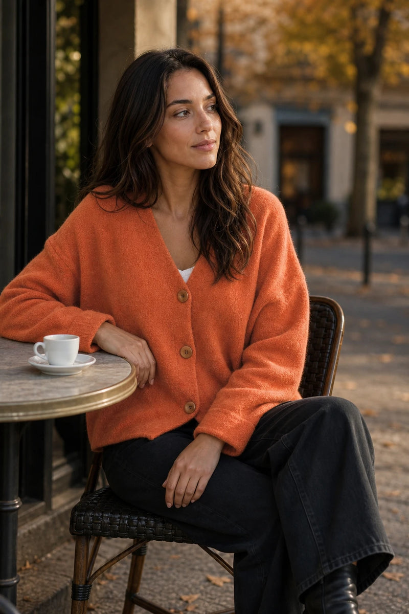 SOFAINE-V7-LIFE-Ramona | Button-Front Cardigan in Orange, café scene