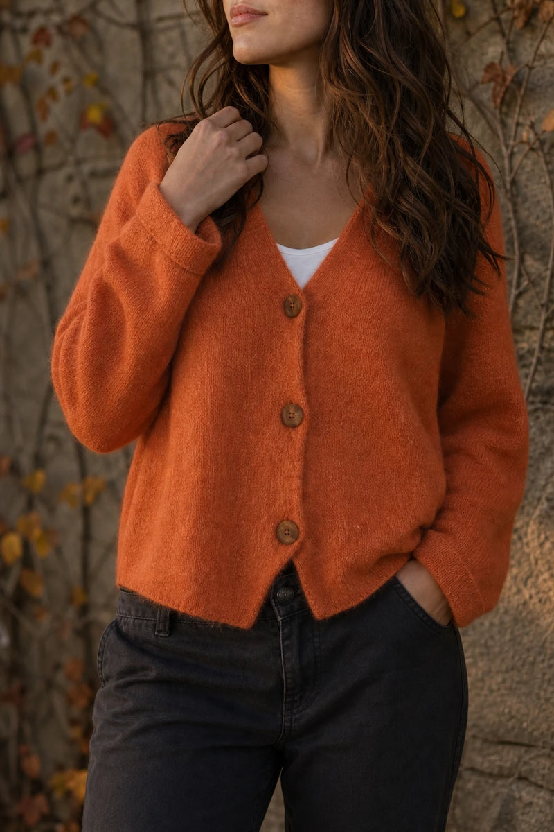 SOFAINE-V7-LIFE-Ramona | Button-Front Cardigan in Orange, detail close-up