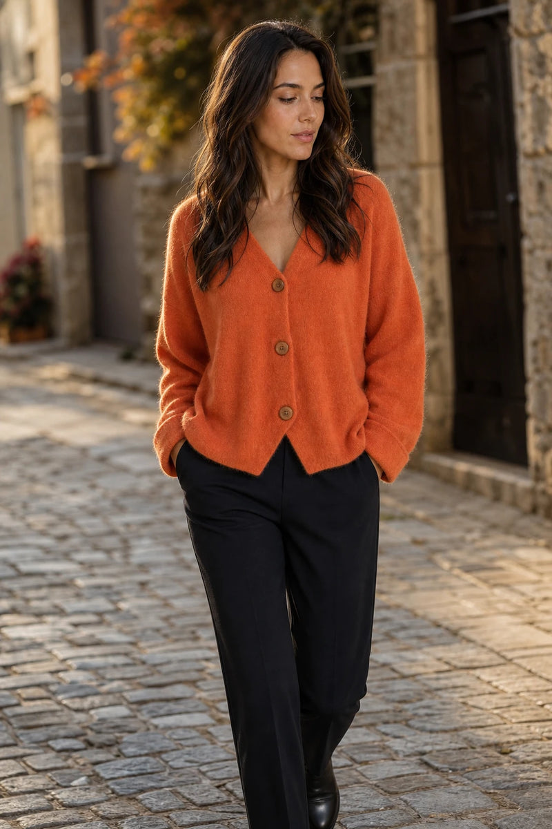 SOFAINE-V7-LIFE-Ramona | Button-Front Cardigan in Orange red, street-style view