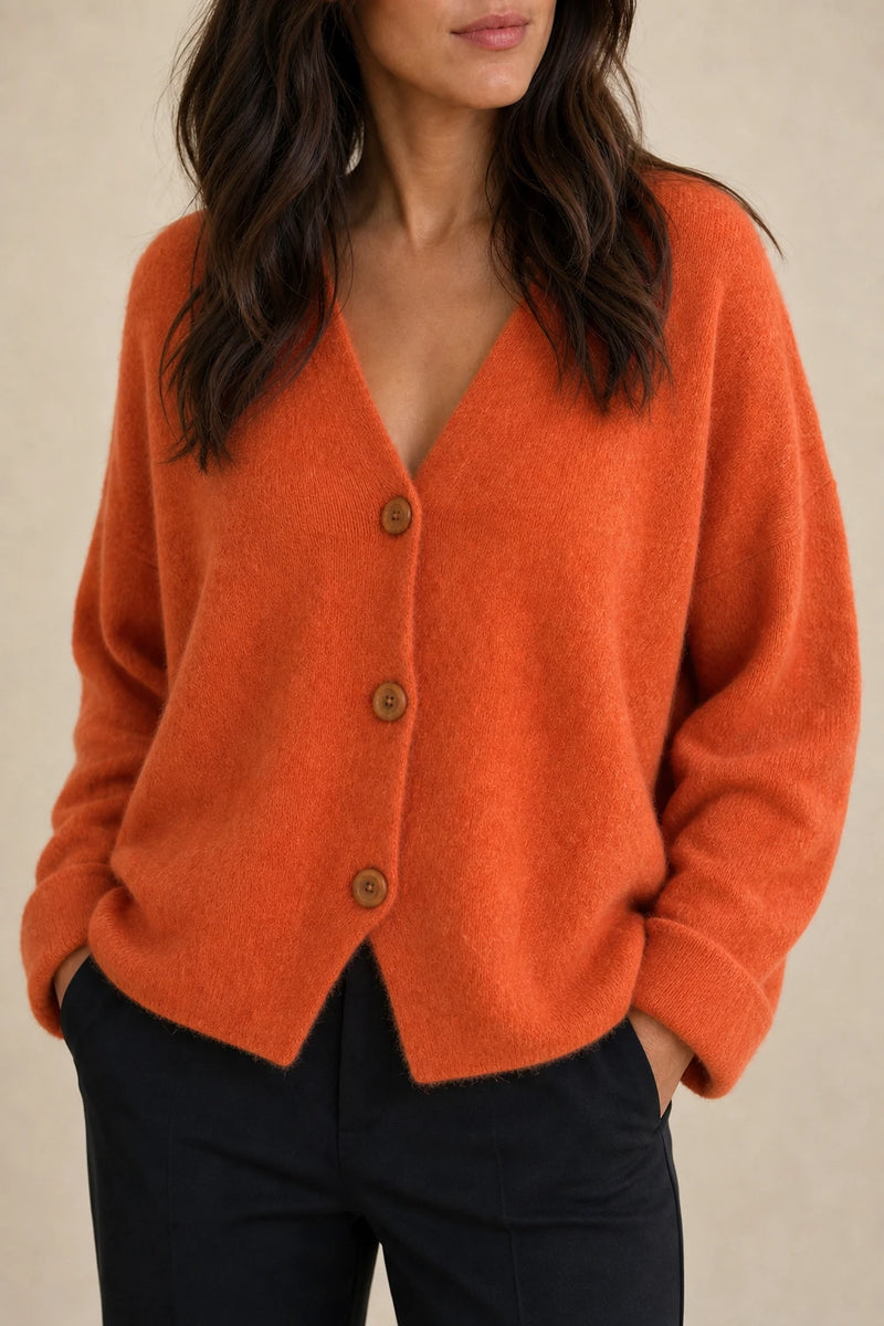 Ramona | Button-Front Cardigan in Orange red, fabric close-up