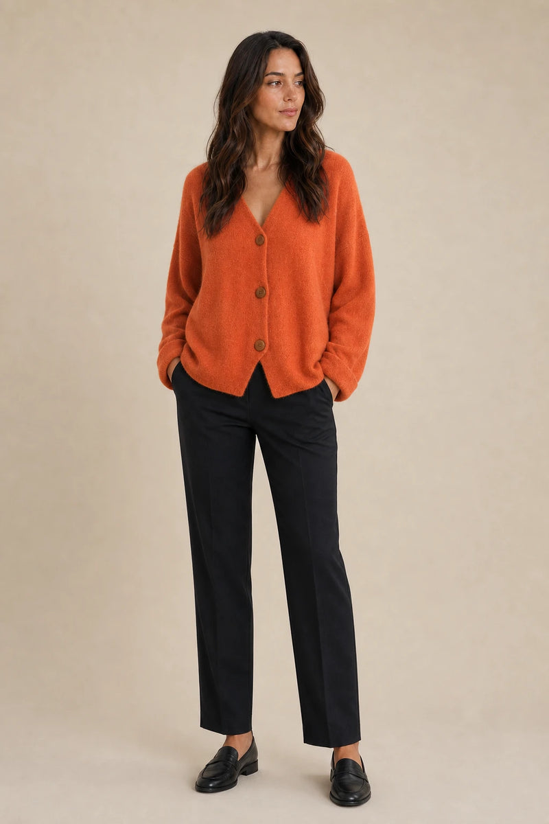 Ramona | Button-Front Cardigan in Orange red, studio front view