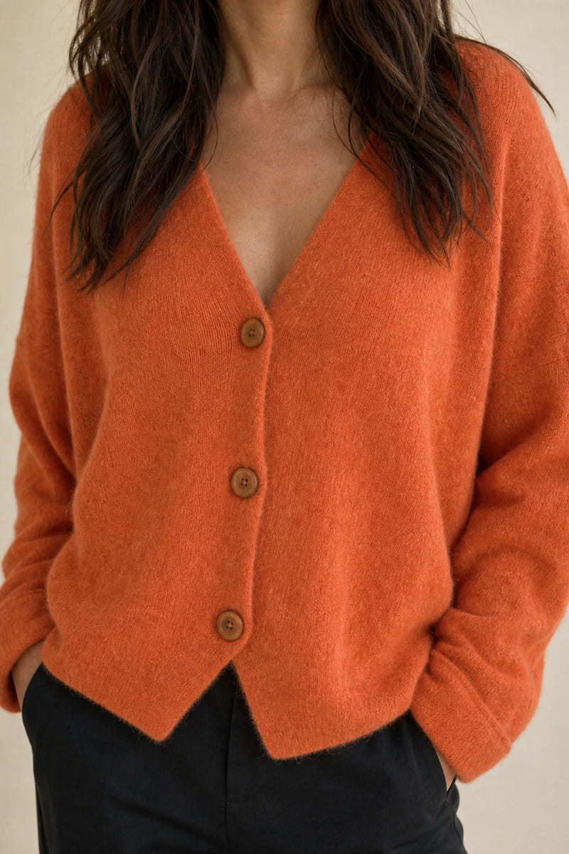 Ramona | Button-Front Cardigan in Orange, fabric close-up