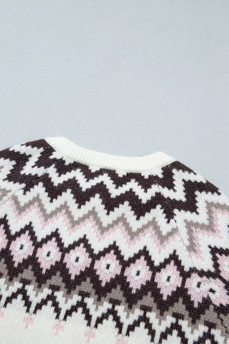 Brushed Knit Fair Isle Cardigan for Women with Crew Neck and Button Front, back collar detail