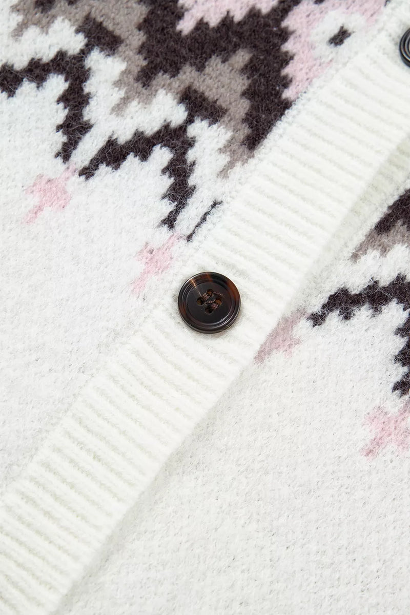 Brushed Knit Fair Isle Cardigan for Women with Crew Neck and Button Front, button detail