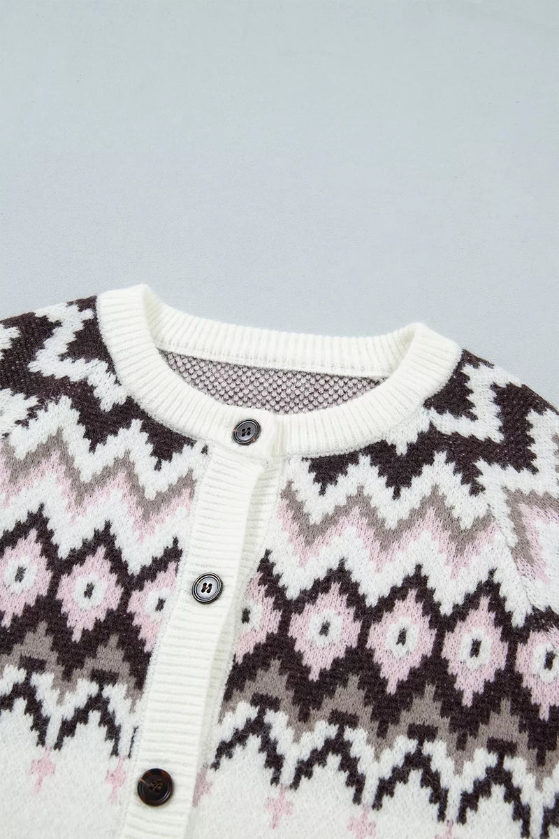 Brushed Knit Fair Isle Cardigan for Women with Crew Neck and Button Front, collar detail