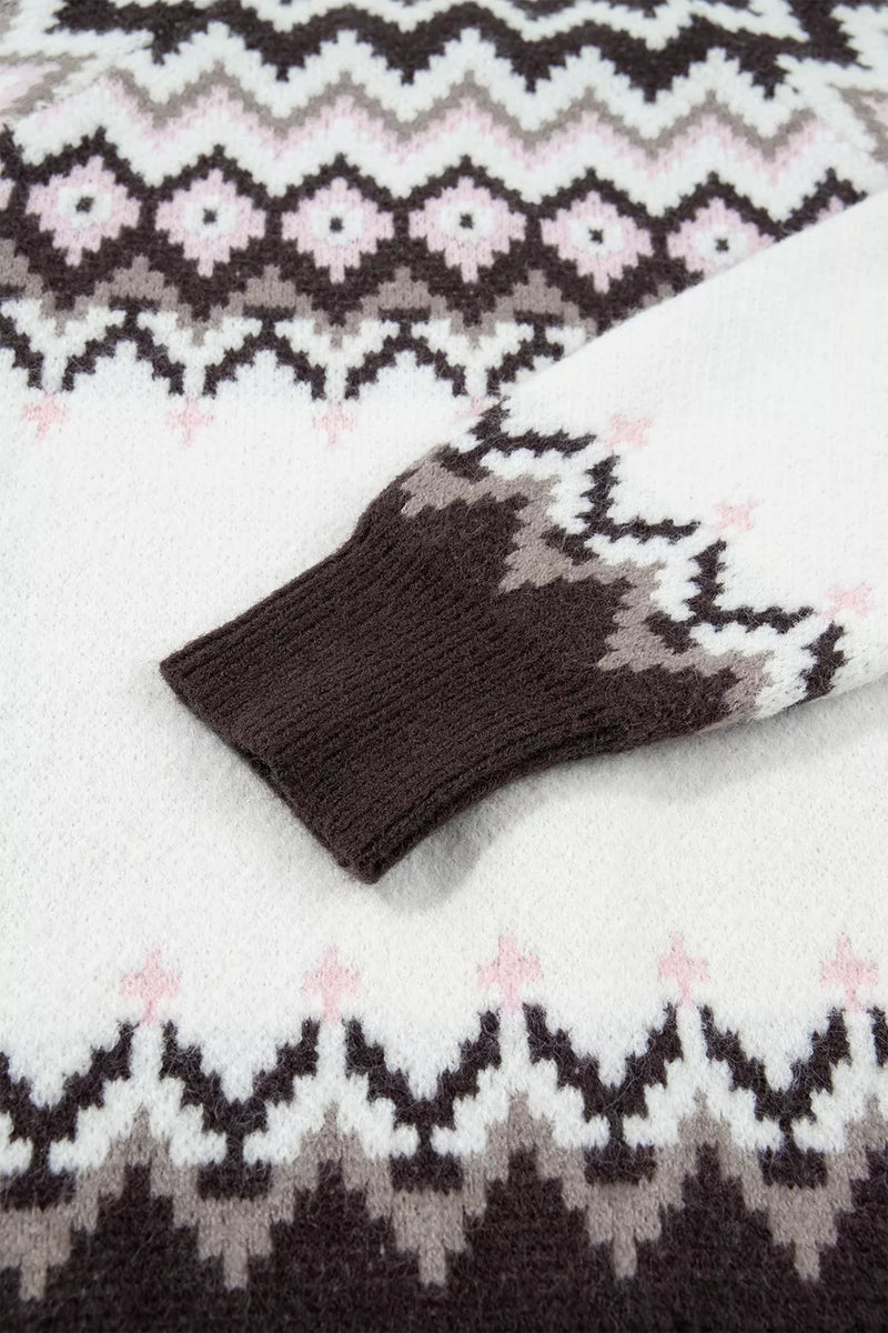 Brushed Knit Fair Isle Cardigan for Women with Crew Neck and Button Front, cuff detail