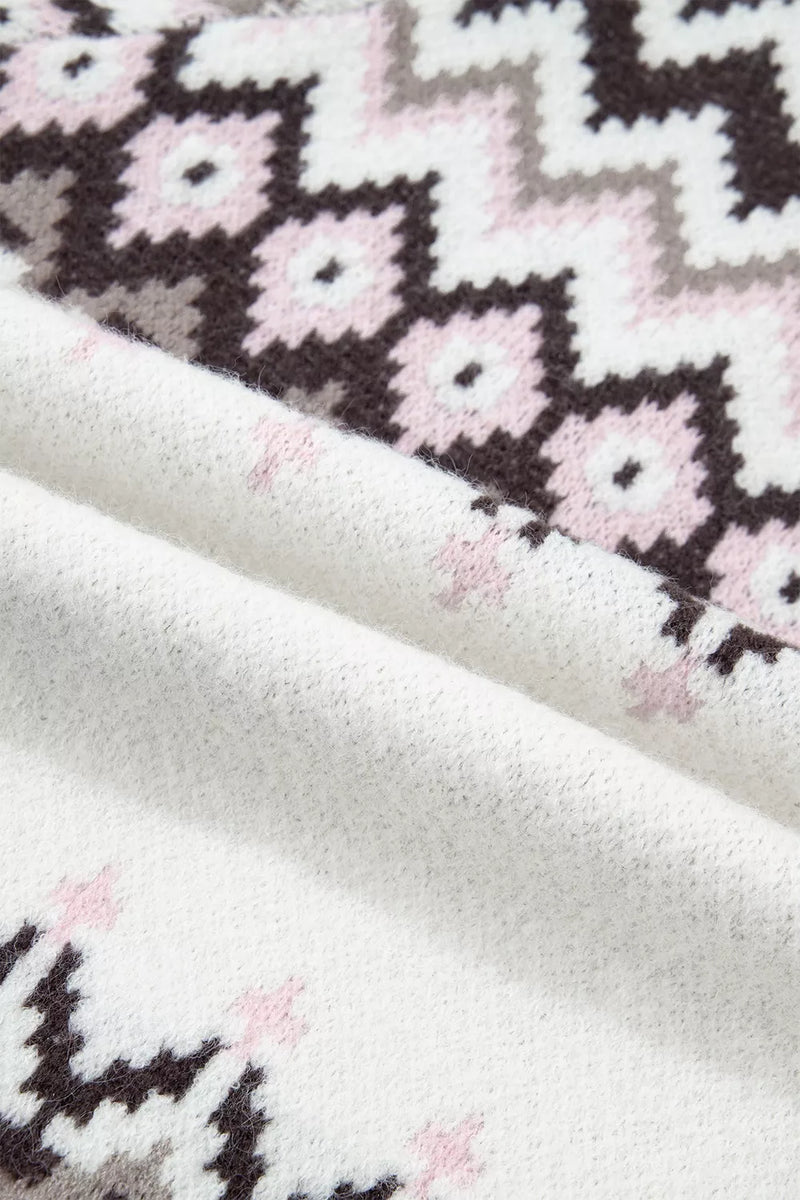 Brushed Knit Fair Isle Cardigan for Women with Crew Neck and Button Front, fabric close-up