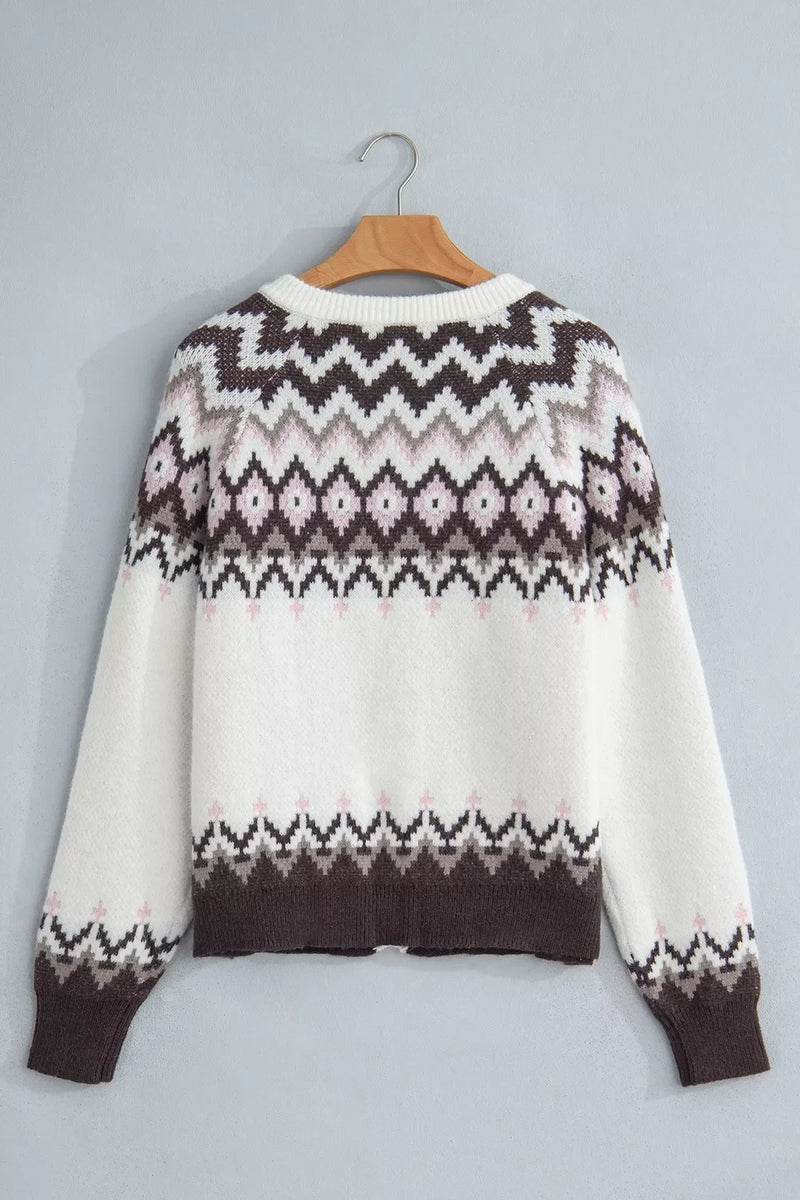 Brushed Knit Fair Isle Cardigan for Women with Crew Neck and Button Front in White, flat lay back