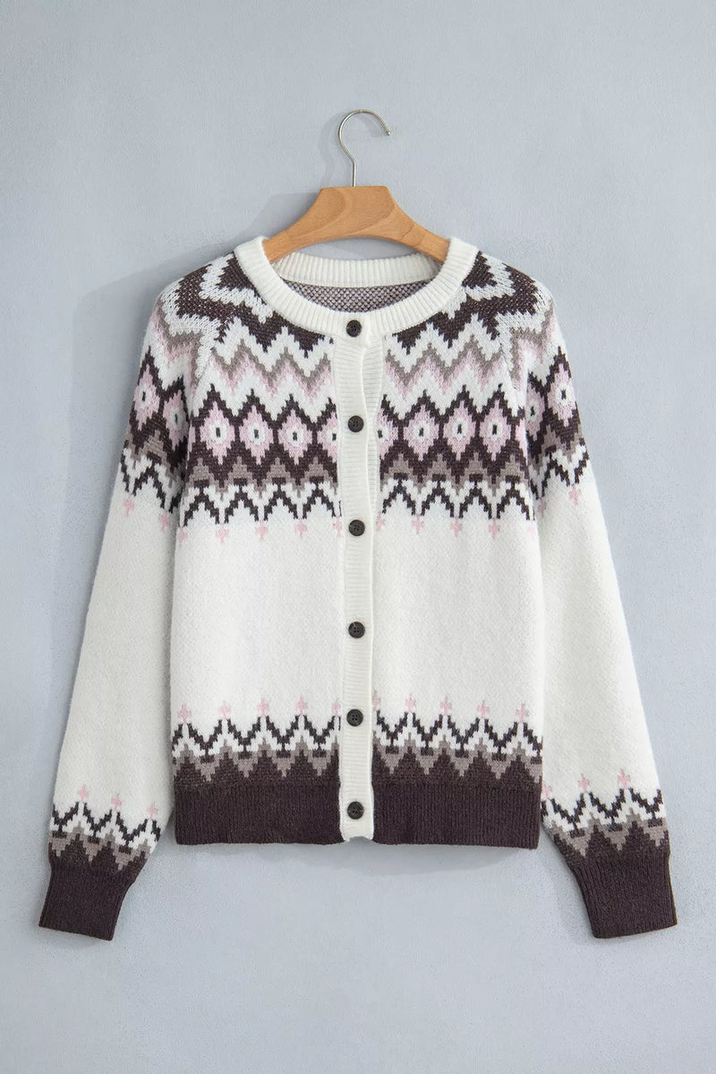Brushed Knit Fair Isle Cardigan for Women with Crew Neck and Button Front in White, flat lay front