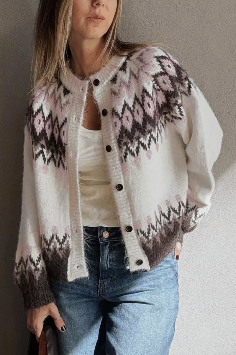 Brushed Knit Fair Isle Cardigan for Women with Crew Neck and Button Front in White, open front view
