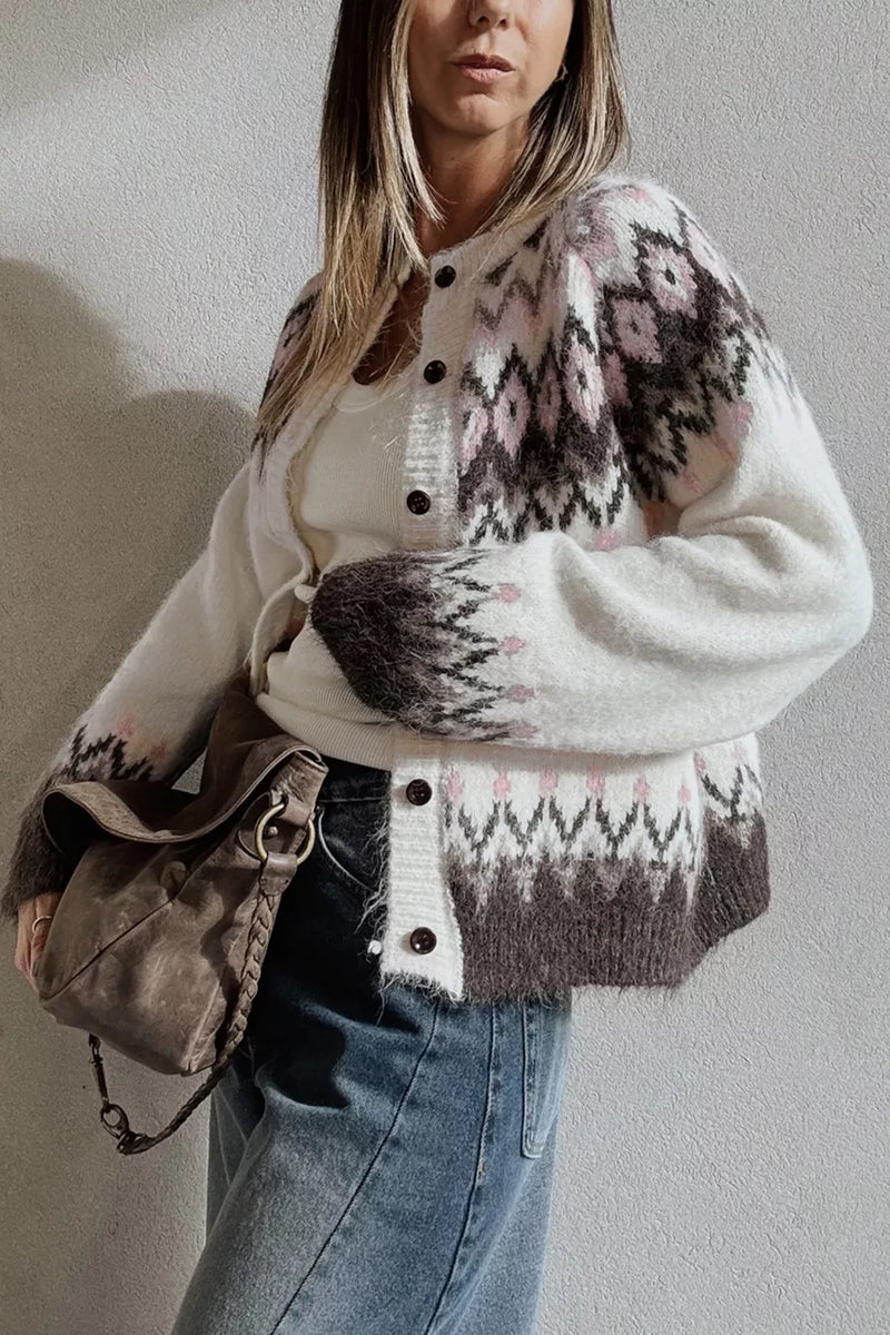 Brushed Knit Fair Isle Cardigan for Women with Crew Neck and Button Front in White, side view