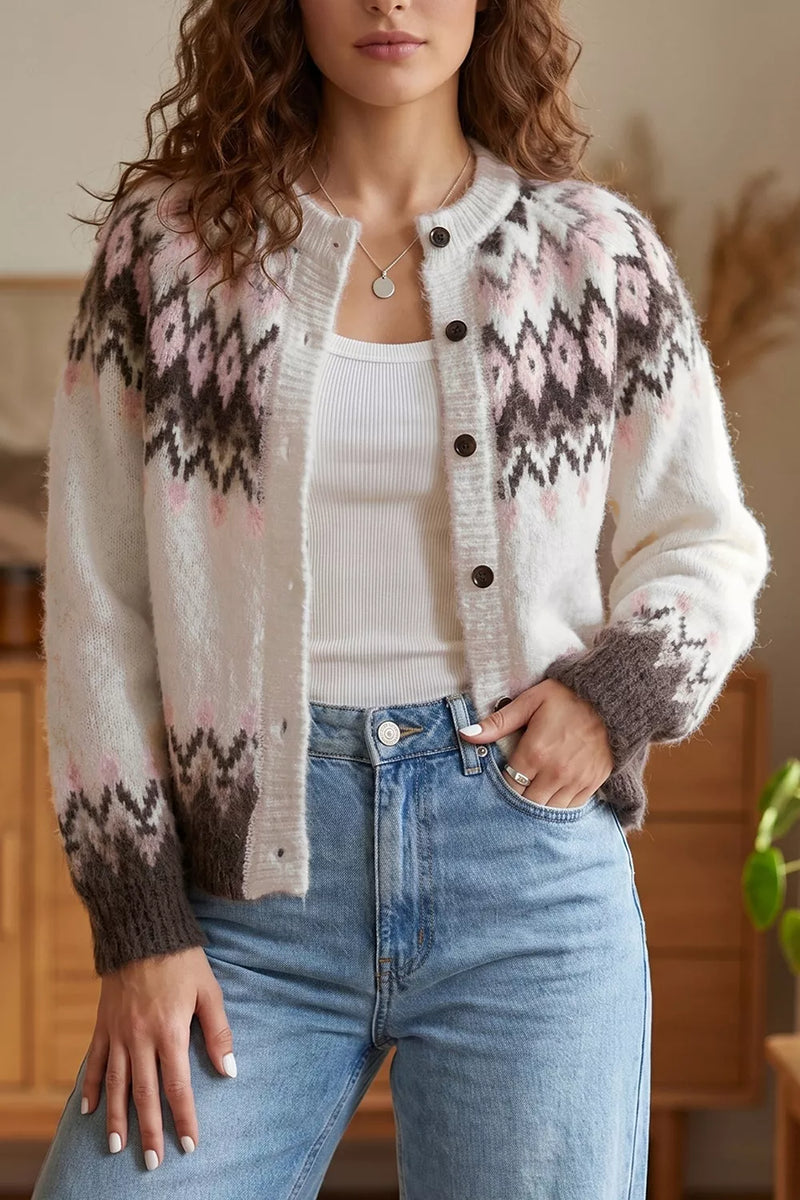 Brushed Knit Fair Isle Cardigan for Women with Crew Neck and Button Front in White, styled front view