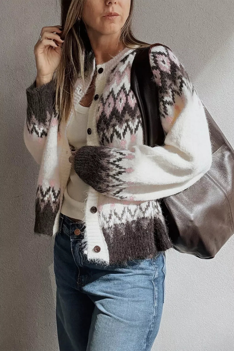 Brushed Knit Fair Isle Cardigan for Women with Crew Neck and Button Front in White, styled view