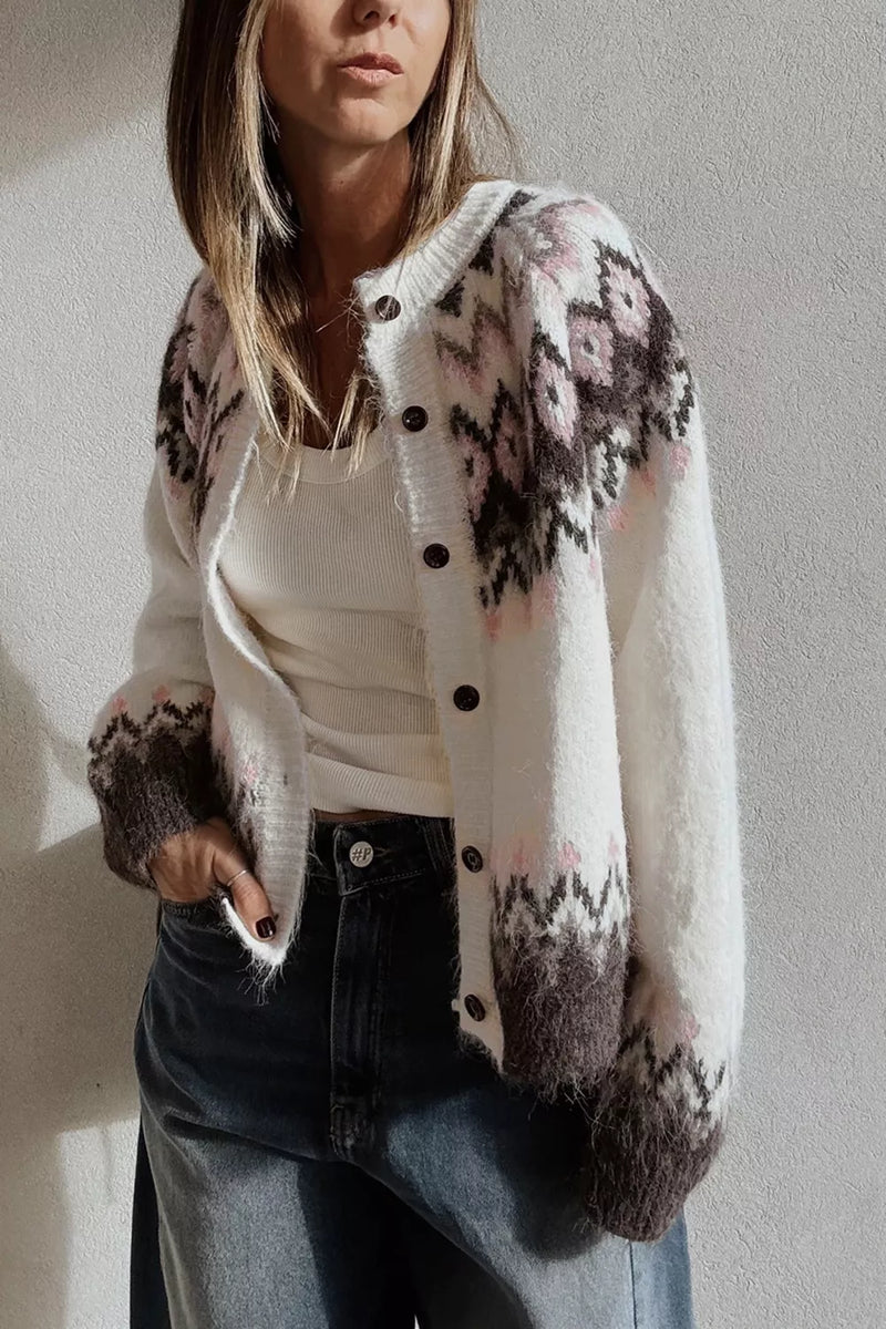 Brushed Knit Fair Isle Cardigan for Women with Crew Neck and Button Front in White, three-quarter view