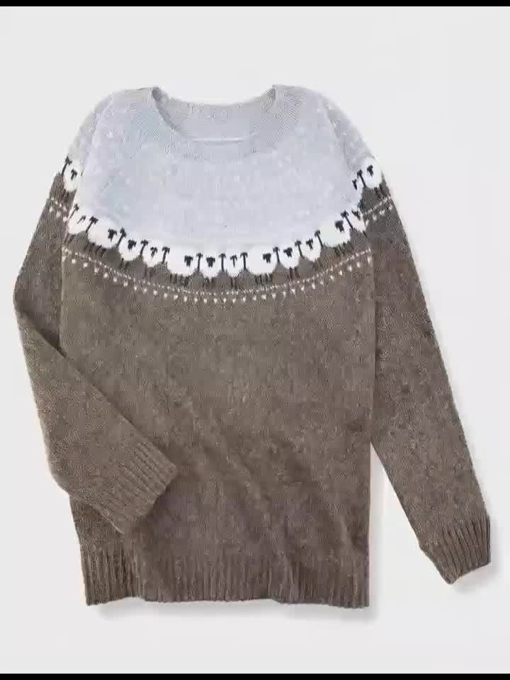 Sheep Fair Isle Sweater for Women with Nordic Yoke and Crew Neck in Brown, flat lay
